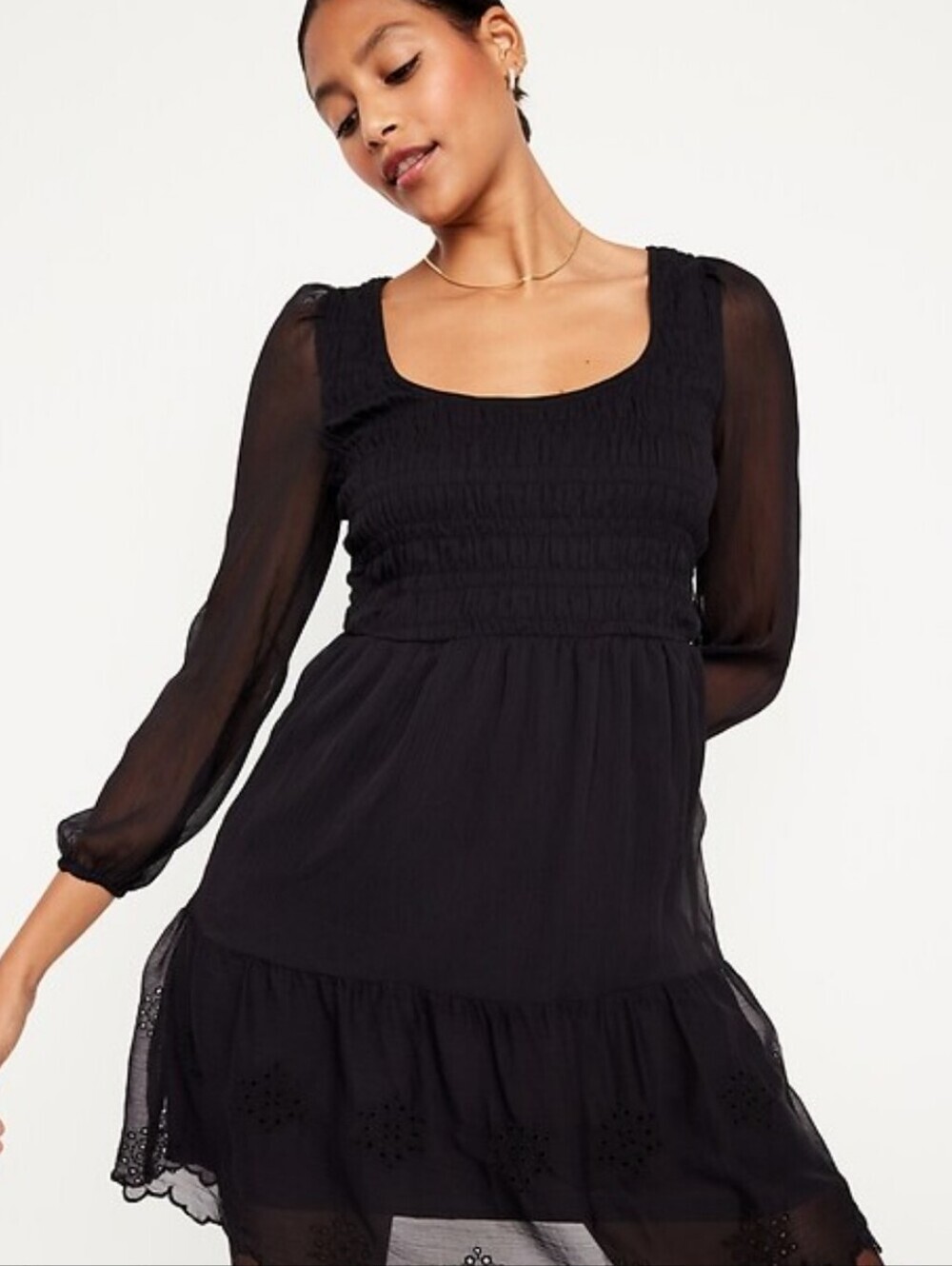 OLD NAVY Fit & Flare Eyelet Embroidered Mini Dress Sz XL Black Lond Sleeve EUC